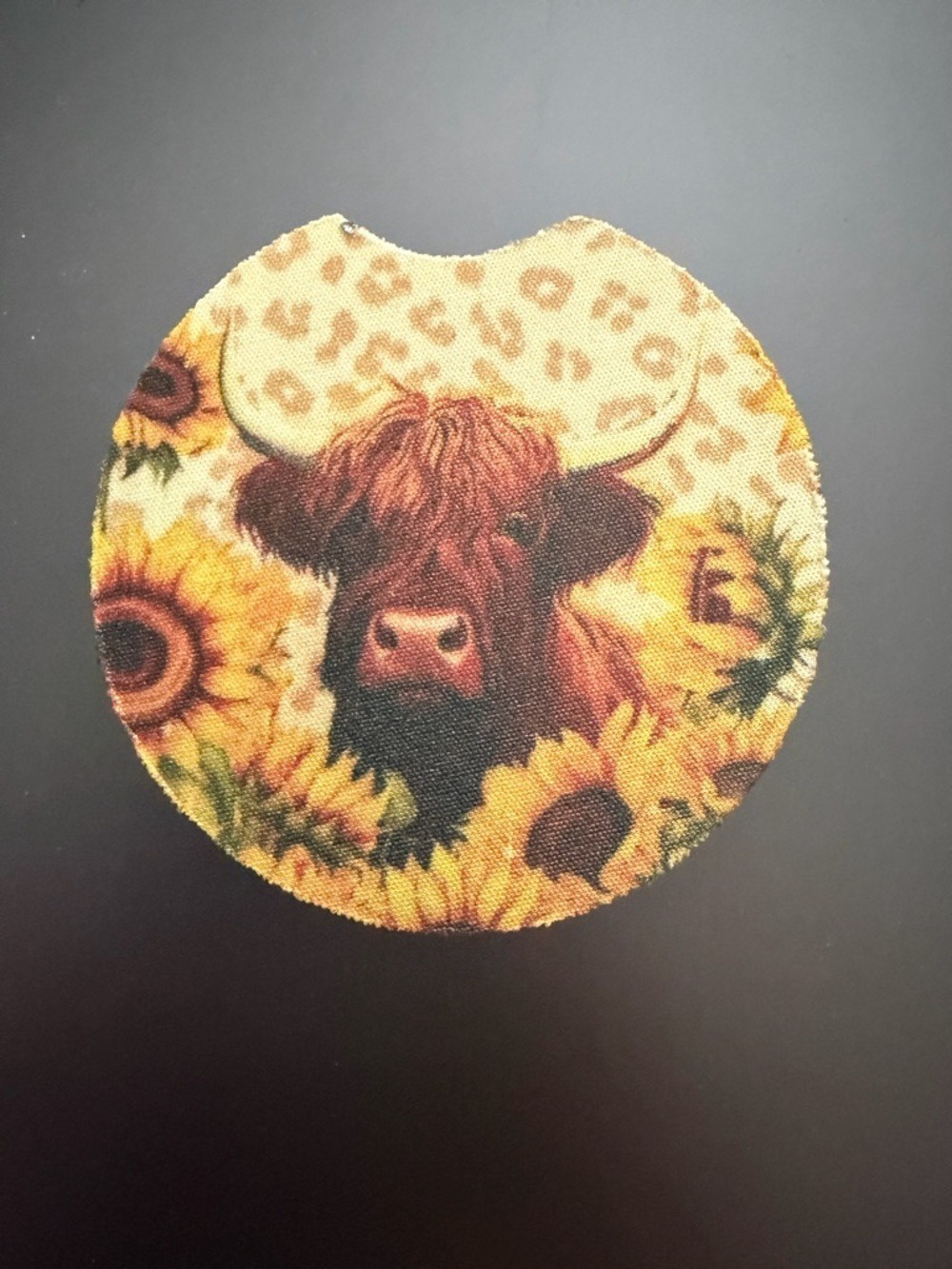 Highland Cow Sunflower Circle Car Coasters - Set of 2